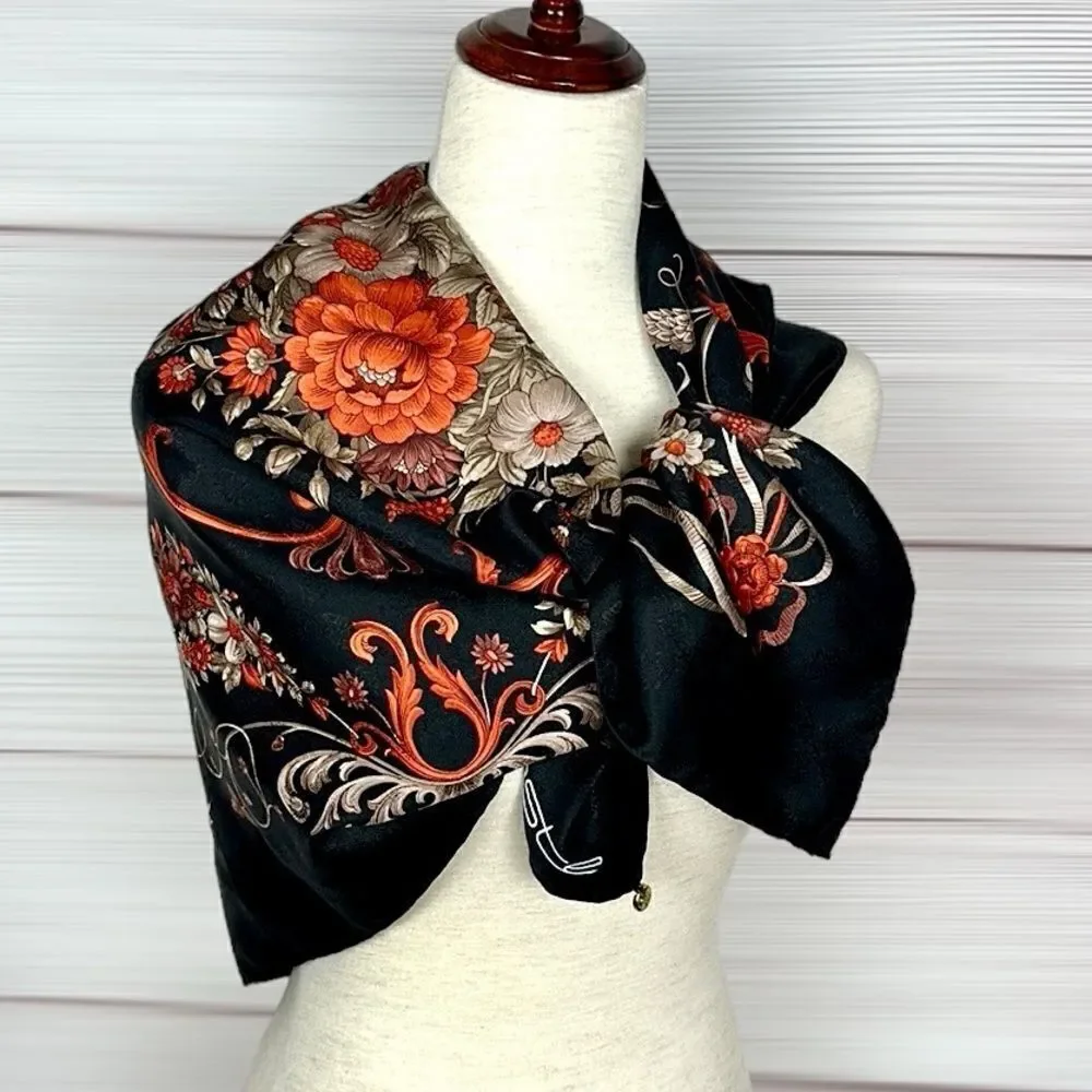 Marina D’Este Silk Scarf Black Burnt Orange Floral Hand Rolled